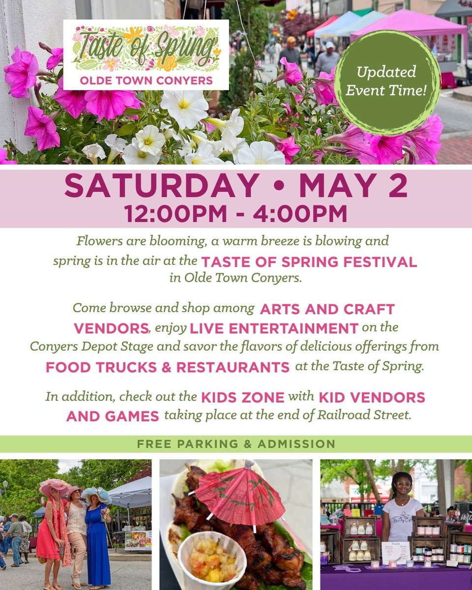 OldeTownConyers's tweet photo. A little weather shuffle 🌧️➡️☀️
Tomorrow’s Taste of Spring is now 12PM–4PM—giving things time to clear so you can enjoy it all.
Food, vendors & live entertainment are still on—just later. See you in the afternoon 🌸
#TasteOfSpring #OldeTownConyers #ConyersGA https://t.co/VGB8lDEOZH