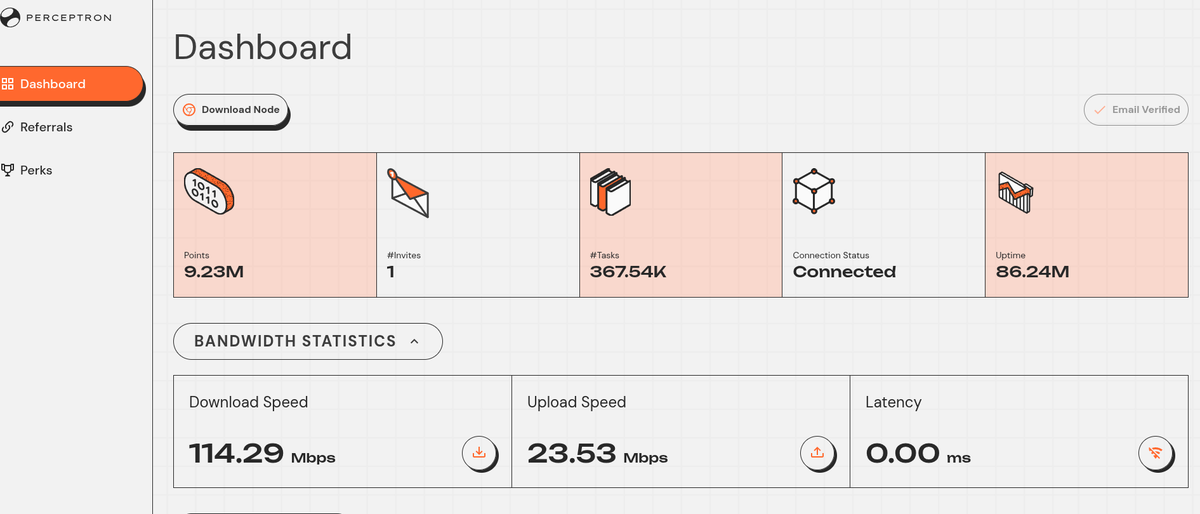 Starting the month strong with a nice little speed bump! My Perceptron node is now pulling 114.29 Mbps down with tasks climbing to 367.54K and uptime reaching 86.24M. The grind never stops.

<a href="/PerceptronNTWK/">Perceptron Network</a> #NodeAndProud