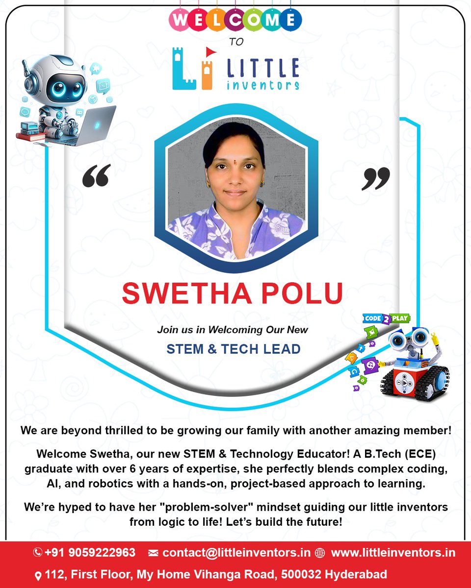 LittleInvento's tweet photo. As Little Inventors continues to grow and add new feathers to our cap, we are thrilled to announce our newest STEM educators! 🚀✨🧿

Please join us in welcoming Vicky Kumar, Ranjith Mathew, D. Harika Rao, and Swetha Polu.

#LittleInventors #STEMEducation #NewCourses #MeetTheTeam https://t.co/U3YadevcVH