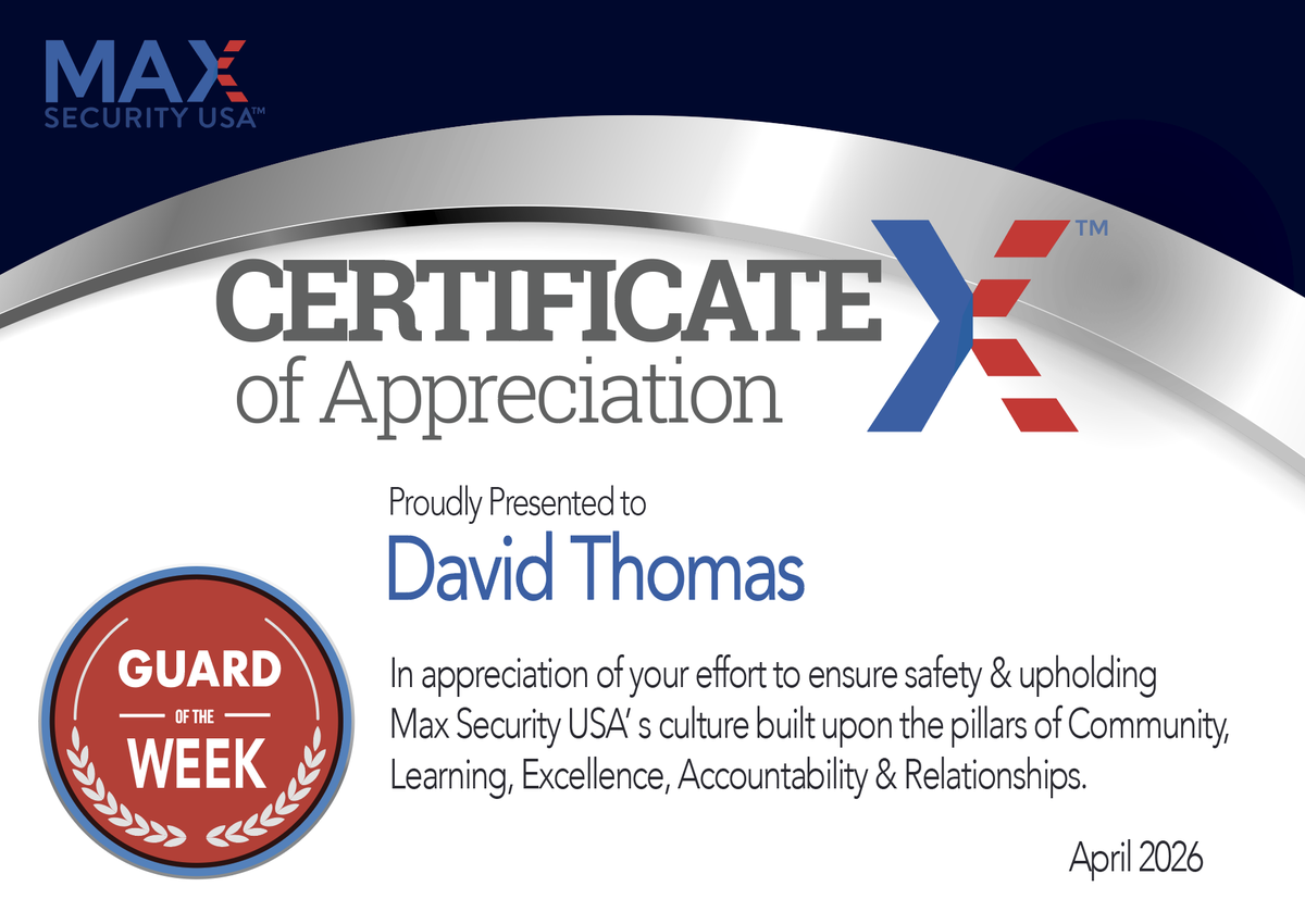 MaxSecurityUSA's tweet photo. Meet our Guard of the Week, David Thomas. David consistently delivers calm, reliable protection for our clients, quickly assessing risk and coordinating with our team to keep every site secure and operations running smoothly.  

#GuardoftheWeek https://t.co/VlV8CWPcHZ
