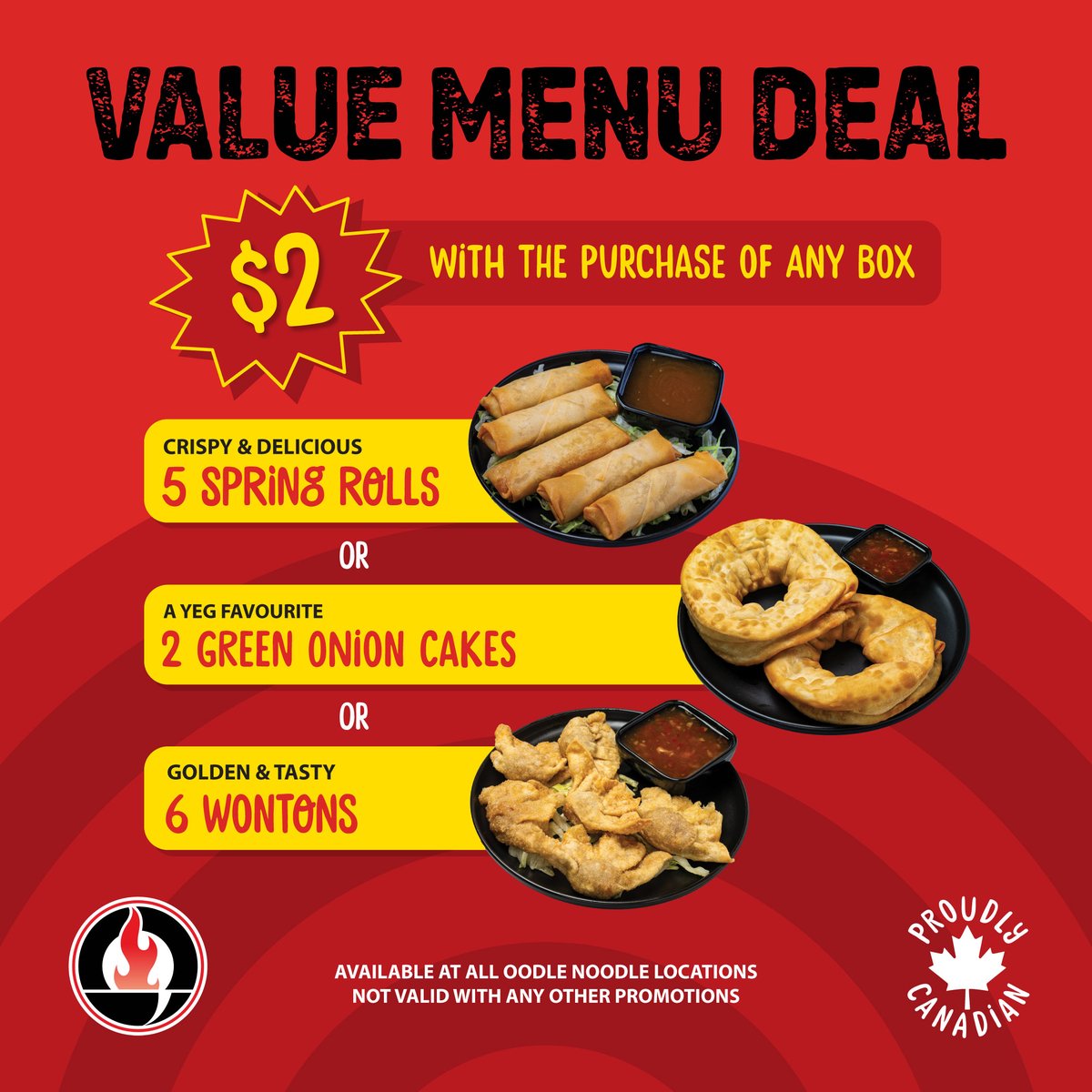oodle_noodle's tweet image. Add 2 Green Onion Cakes, 5 Spring Rolls, or 6 Wontons to your order for just $2 with any Signature or Premium Box purchase!! 🥡       

Offer available in-store or at oodlenoodle.ca for takeout only. #YEG #YYC