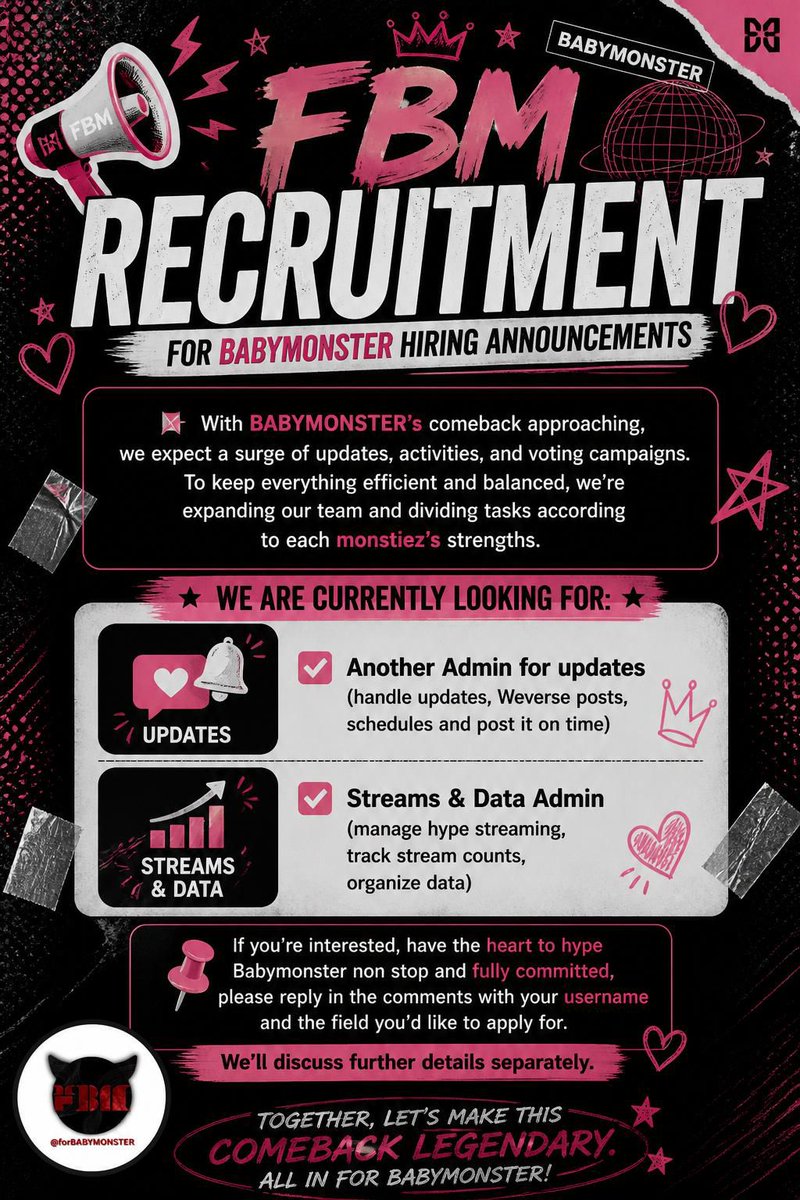 📢 FBM RECRUITMENT — Calling All Monstiez.

With BABYMONSTER’s comeback approaching, we anticipate a surge of updates, activities, and voting campaigns. To ensure everything runs efficiently and remains well-organized, we are expanding our team and assigning roles based on each