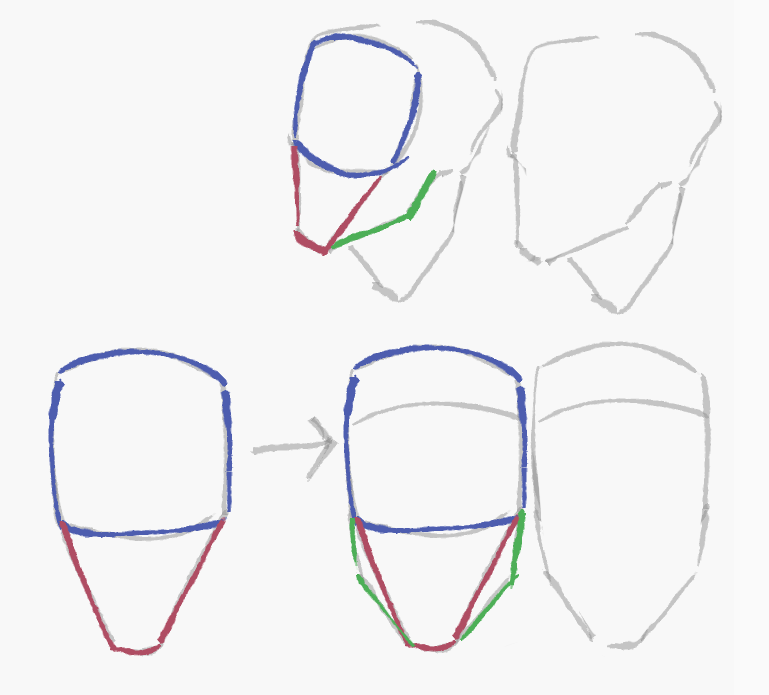 Mignt be the most basic knowledge they could teach u, but for someone, who tries to ignore all the guides and learn it myself, gotta say, if ur head shape looks sum like the bottom left thing, just indulge in it a bit and then add cheeks, suddenly it will look good