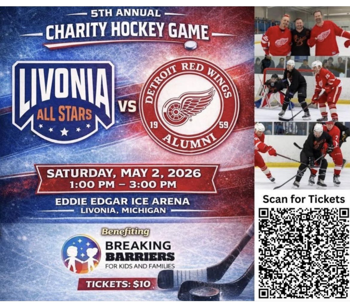LivoniaLu's tweet photo. Team is being acknowledged at intermission at:

🏒 Livonia All Stars vs Detroit Red Wings Alumni
📅 Saturday, May 2, 2026
⏰ 1:00 PM – 3:00 PM
📍 Eddie Edgar Ice Arena
🎟 Tickets: Just $10
@LivoniaBrandon @DistrictLPS @L_WChamber @FranklinMADE_AD @LIV @shs_spartans https://t.co/YmCz8Bkd1W