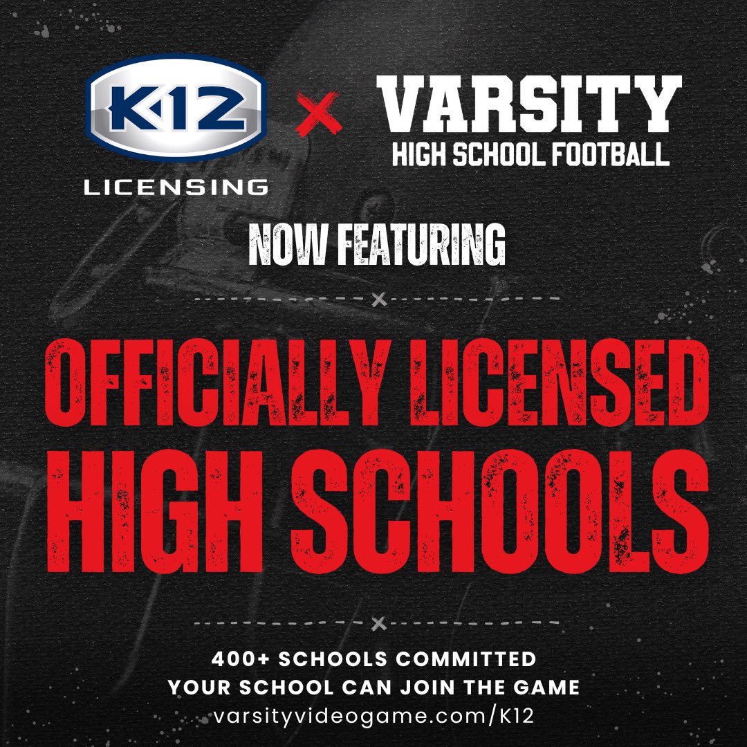 🚨 We have partnered with K12 Licensing to bring real U.S. high schools into Varsity — the first-ever high school football video game. 🏈 

That means authentic school brands, logos, and uniforms in a true Friday-night experience (no player likenesses), over 400 schools have