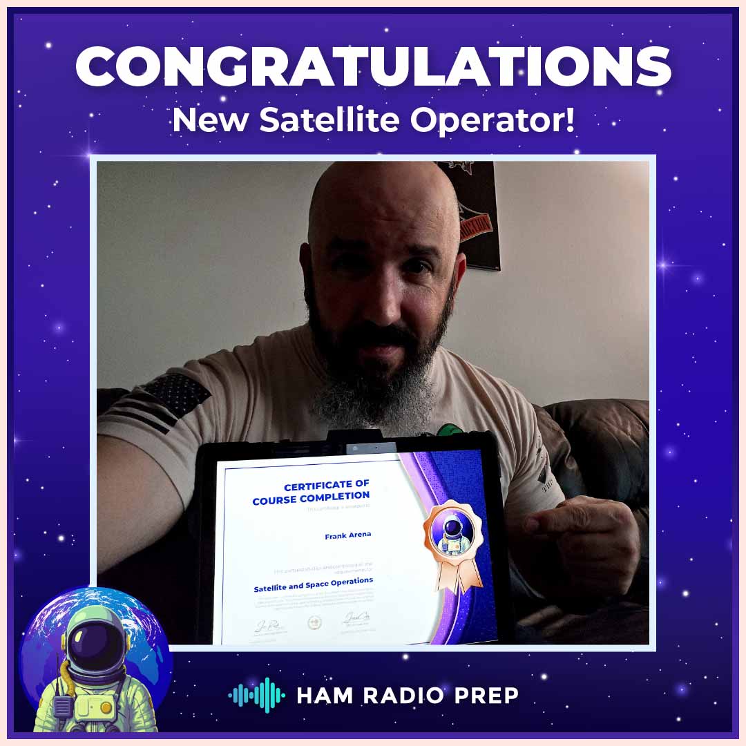 HamPrep's tweet image. 🚀 Big #Illinois shoutout to Frank Arena for completing our Satellite and Space Operations course! 🎉

Frank is officially ready to track the birds from the Prairie State! Whether he’s working FM satellites or timing a pass with the ISS, he’s now equipped with the specialized