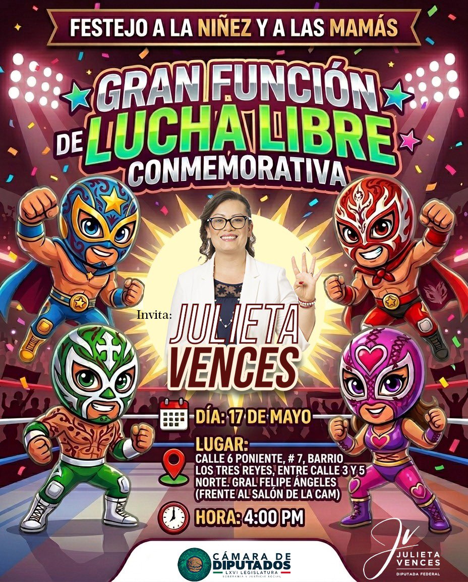 pueblealo's tweet photo. 🎉👧 ¡Celebra a la niñez y a mamá con mucha acción! 🤼‍♂️💥

Gran función de lucha libre este 17 de mayo, 4:00 PM
📍 Barrio Los Tres Reyes en General Felipe Angeles https://t.co/sVKCsEr41F