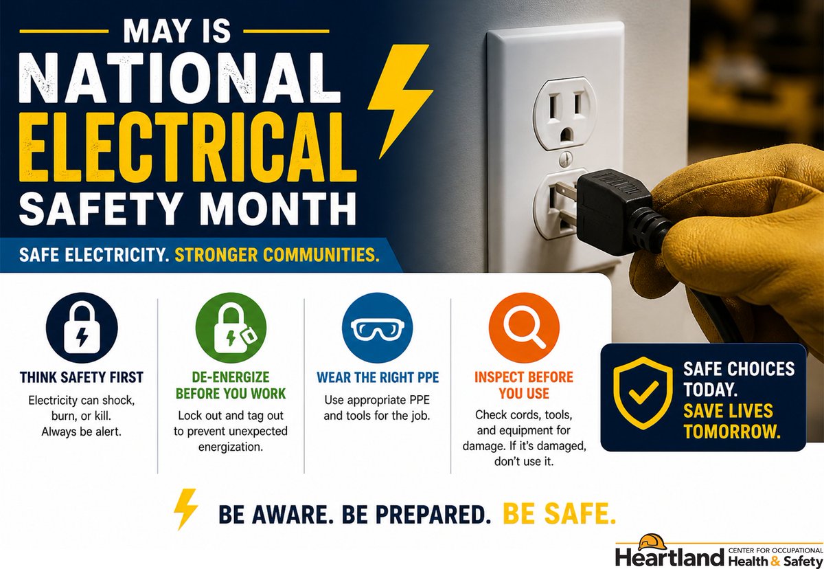 HeartlandCntr's tweet image. Electrical safety is essential for reducing risks associated with electrical systems in workplaces and homes.
Proper procedures and regular maintenance help prevent hazards and ensure safe, reliable operation. #NationalElectricalSafetyMonth #ElectricalSafety #WorkplaceSafety