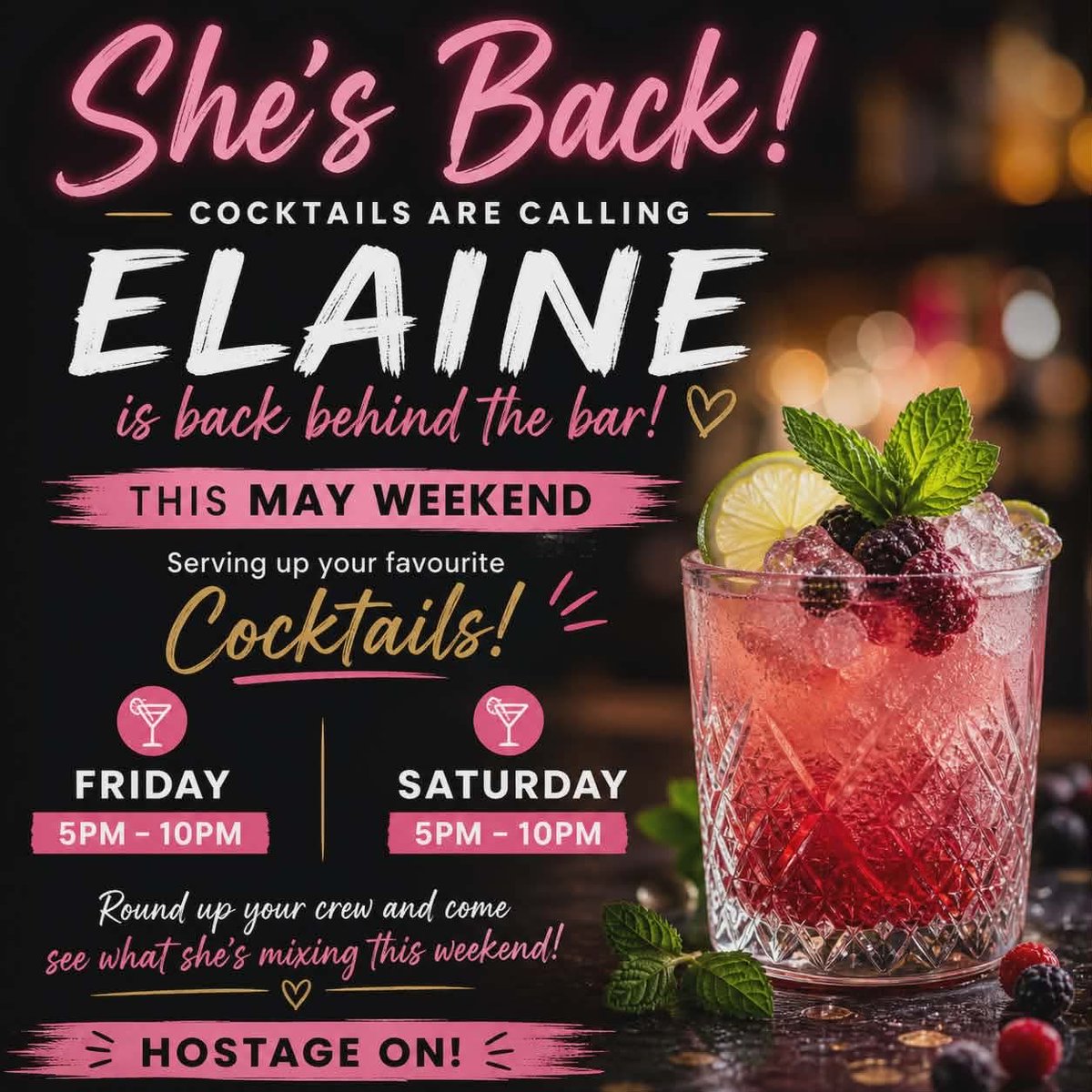 MhorBen's tweet image. She’s back 🍸🔥

Elaine’s behind the bar this May Weekend mixing your favourites!

🕔 Fri &amp;amp; Sat: 5–10pm
Grab your crew &amp;amp; join us 🍹😉

#MayWeekend #Cocktails #NightOut 
#benmhorbar