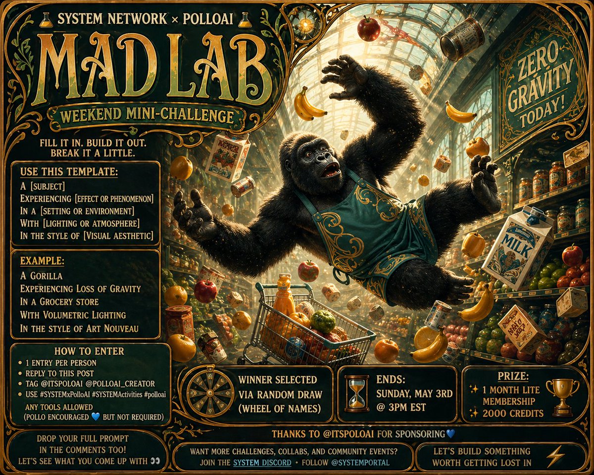 EcogoddessK's tweet image. ✨⚡ SYSTEM NETWORK × POLLOAI ⚡✨
                   
🎭 MAD LIBS WEEKEND MINI-CHALLENGE 🎭

#SYSTEMxPolloAI #SYSTEMActivities #polloai

✨ Open to ALL creators — PolloAI use encouraged, not required

🎭 THEME: Mad Libs Lab

Fill it in. Build it out. Break it a little.
---
🎯