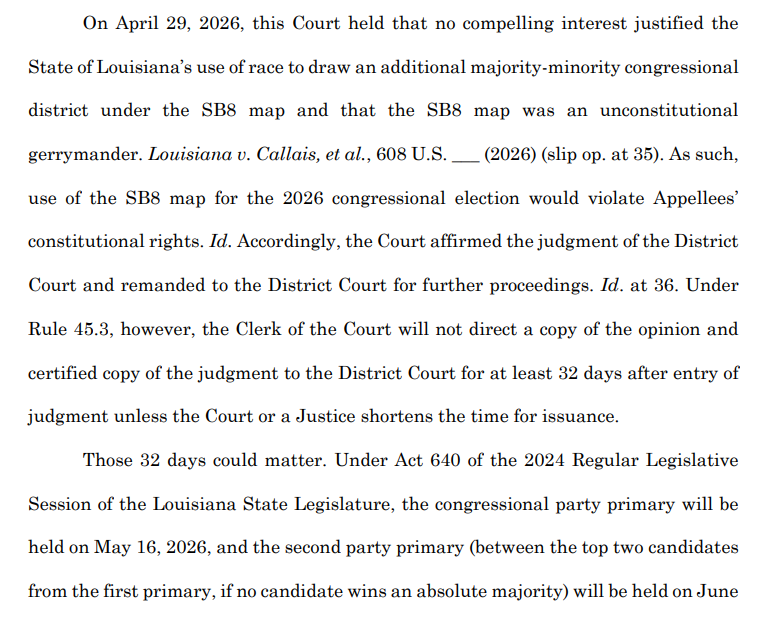 bykatiebuehler's tweet image. 1. Callais and a group of self-described "non-African American" Louisiana voters urged #SCOTUS to issue its formal opinion and judgment "forthwith" so the lower court could hold any necessary hearings before that state's primaries. supremecourt.gov/DocketPDF/25/2…