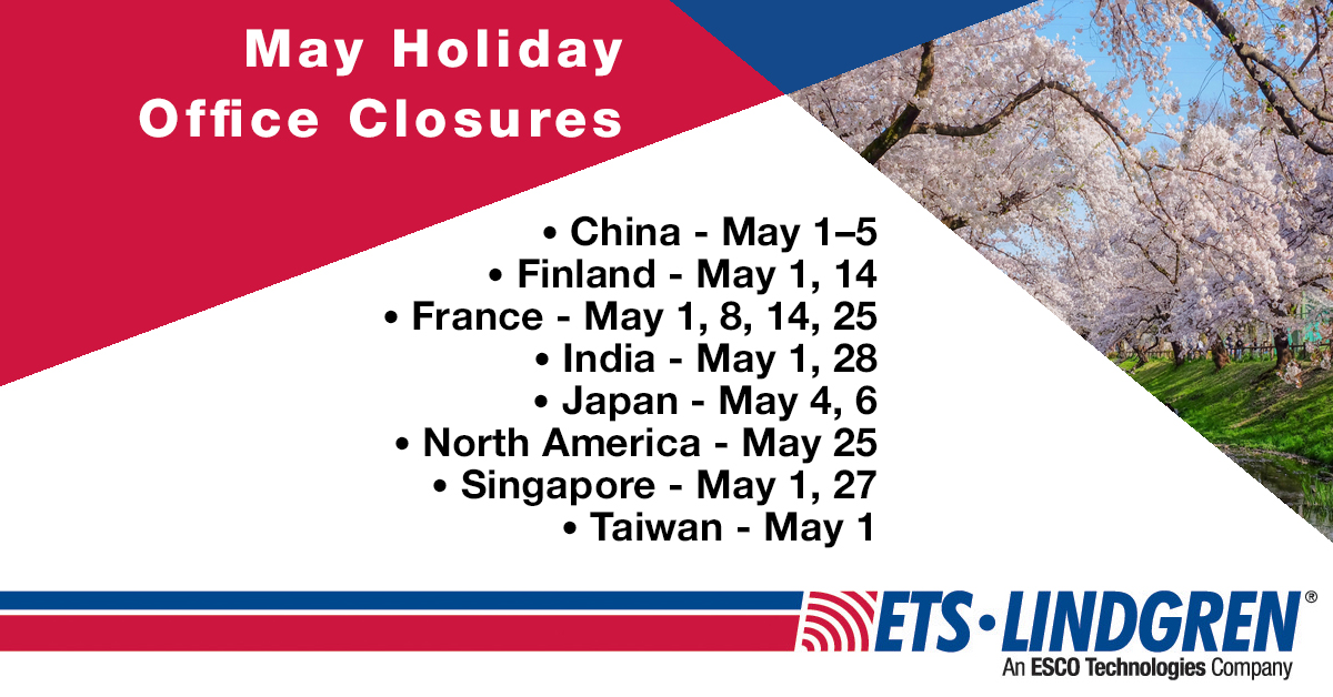 ETSLindgren's tweet image. #LaborDay • #Vappu • #VDay • #MemorialDay • #HariRaya 📆

These ETS-Lindgren offices will close:
🇨🇳 China—May 1–5
🇫🇮 Finland—May 1, 14
🇫🇷 France—May 1, 8, 14, 25
🇮🇳 India—May 1, 28
🇯🇵 Japan—May 4, 6
🇺🇸 North America—May 25
🇸🇬 Singapore—May 1, 27
🇹🇼 Taiwan—May 1

📷 Advantour
