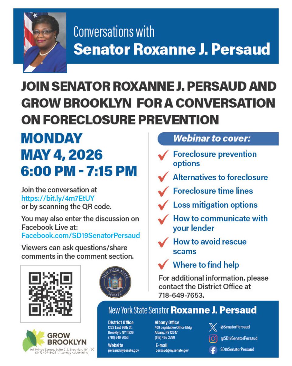 GrowBrooklyn's tweet photo. 🌱 Grow Brooklyn is pleased to collaborate with Senator Roxanne J. Persaud for a free webinar on foreclosure prevention.

May 4 | 6PM
✍️https://t.co/GOfq9fLsQ4

#ForeclosurePrevention #GrowBrooklyn https://t.co/f5KEhW2I8M