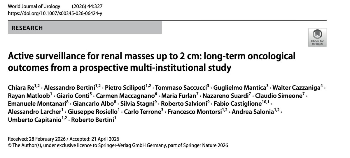 ChiaraRe's tweet photo. A busy April wraps up with an outstanding prospective multi-institutional study on AS for small renal masses:
🔹Median FU 88 mo
🔹8-yr OS 88%
🔹Treatment-free survival 83%
🔹Only 17% required intervention
Tumour doubling time &amp; location guide deferred active treatment plan. https://t.co/UOYZRHES2y