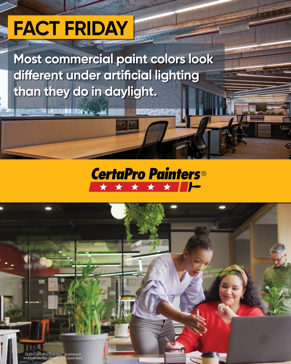 CertaProSLC's tweet photo. 🔦 From office LEDs to warehouse fluorescents, lighting can shift color—cooler, warmer, or duller. 💡

Refreshing a commercial space? Test colors in your actual lighting first.

#UtahPaintingCompany  #utahcommercialpainting #utahhousepainter https://t.co/y9BJ1tcP9m
