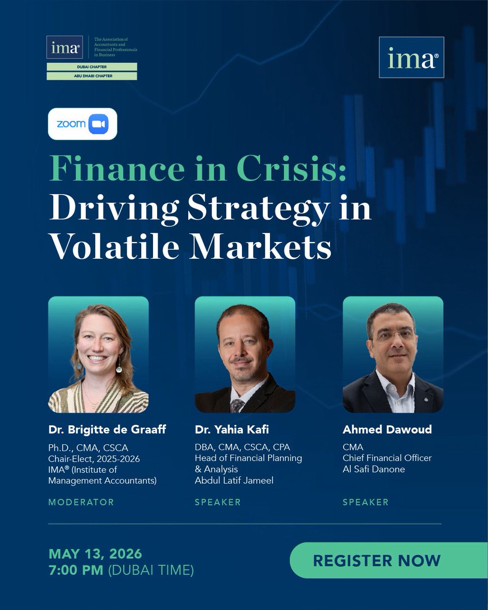 In uncertain times, strategy is everything. Join IMA Middle East with IMA Dubai Chapter &amp; IMA Abu Dhabi Chapter for Finance in Crisis: Driving Strategy in Volatile Markets. 

🗓 May 13, 2026 | 7 PM (Dubai)
🎓 1 CPE |
 Register: bit.ly/4cYORtR
