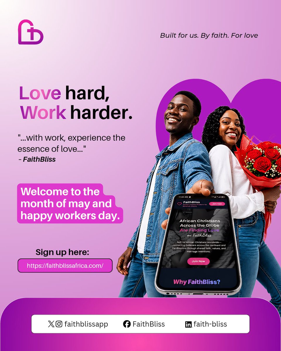 faithblissapp's tweet photo. Love hard. Work harder. 💜
Happy Workers' Day from FaithBliss Africa's most trusted platform for Christian singles.
You work with excellence. You deserve love that matches that energy.
Sign up 👉 https://t.co/fB97ogdivt
#FaithBliss #BuiltForUs #WorkersDay #ChristianSingles https://t.co/UGoRdsx2Y6