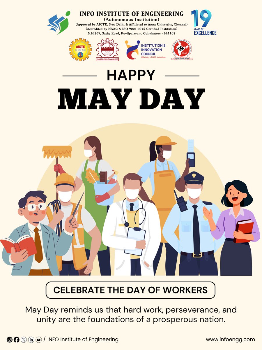 info_engg_cbe's tweet photo. 🌍 Happy May Day! 🌍
INFO Institute of Engineering honors the dedication & hard work of all workers who drive progress and build a better future.
#InternationalWorkersDay #INFO #RespectForWorkers https://t.co/QinEHJQWqH