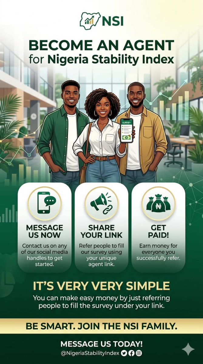 Nigeria_NSI's tweet image. Want a simple way to earn online?

Join NSI as an agent today 💸
Share your link - People fill survey - You get paid

No stress. Just smart work.

DM us now to get started 🚀
#SideHustleNG #EarnOnline #NSI #Abuja