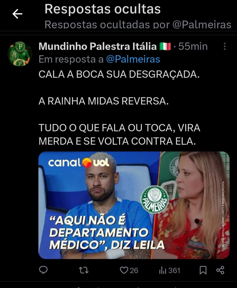 Bom, o perfil do <a href="/Palmeiras/">SE Palmeiras</a> agora também censura os torcedores.

Não só a minha resposta, mas diversas outras estão sendo ocultadas nos posts.

É isso o que acontece quando você defende pessoas que se acham maiores que o clube e torcedor.