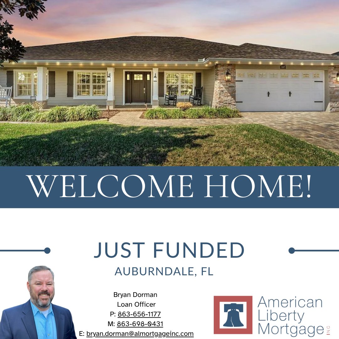ALMpolk's tweet photo. Another dream home in Auburndale is funded! Congrats to our buyers and shoutout to Loan Officer Bryan Dorman for a flawless process. The American Liberty Mortgage – Winter Haven team makes it happen! Ready to move? We’re here for you! #HomeSweetHome https://t.co/cxAs2E5itz