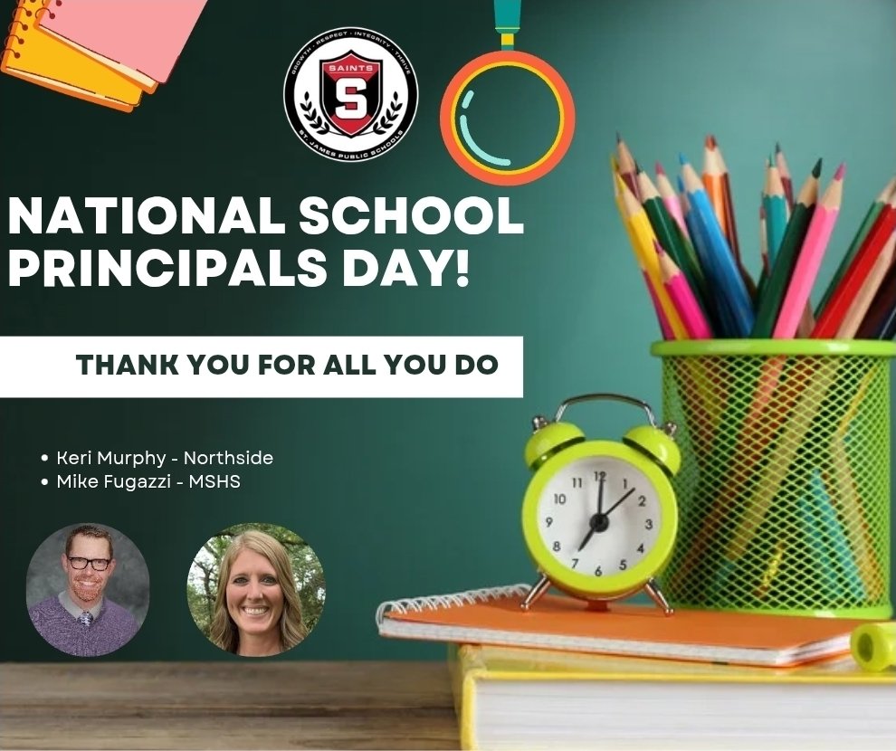 ISD840's tweet photo. On National School Principal Day, we say thank you to MSHS Principal, Mr. Fugazzi and Northside Principal, Mrs. Murphy! Thank you for your care and dedication supporting students and staff!

Go Saints! https://t.co/F6QzoP5Om2