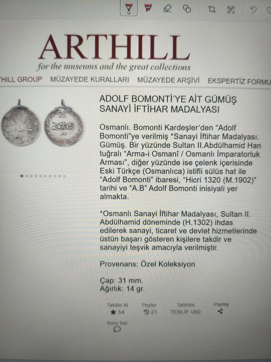 Abdülhamit Han döneminde içki fabrikası açan Bomonti kardeşlere "Sanayi Madalyası" verilmis. Madalya şu an mezatta acık artırmada...