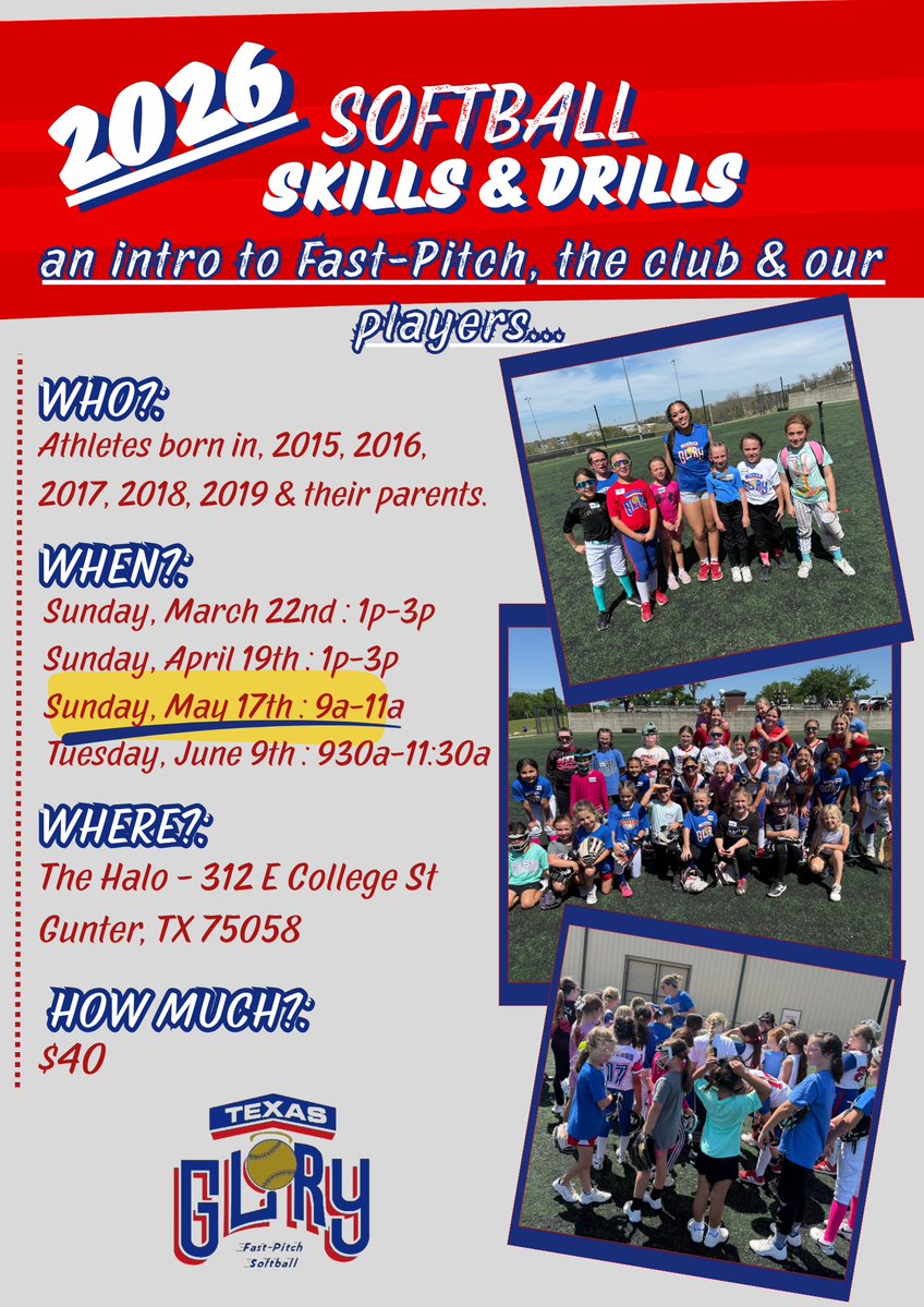 TexasGlory's tweet image. Young Ones, come join us at the Halo for our Spring Camps. Grow your game with some of our best &amp;amp; most experience coaches and top players and Alumni. Most importantly come join us for a fun time!  Our May date time has changed.  - tinyurl.com/5ddk8za8
#fastpitch #skills