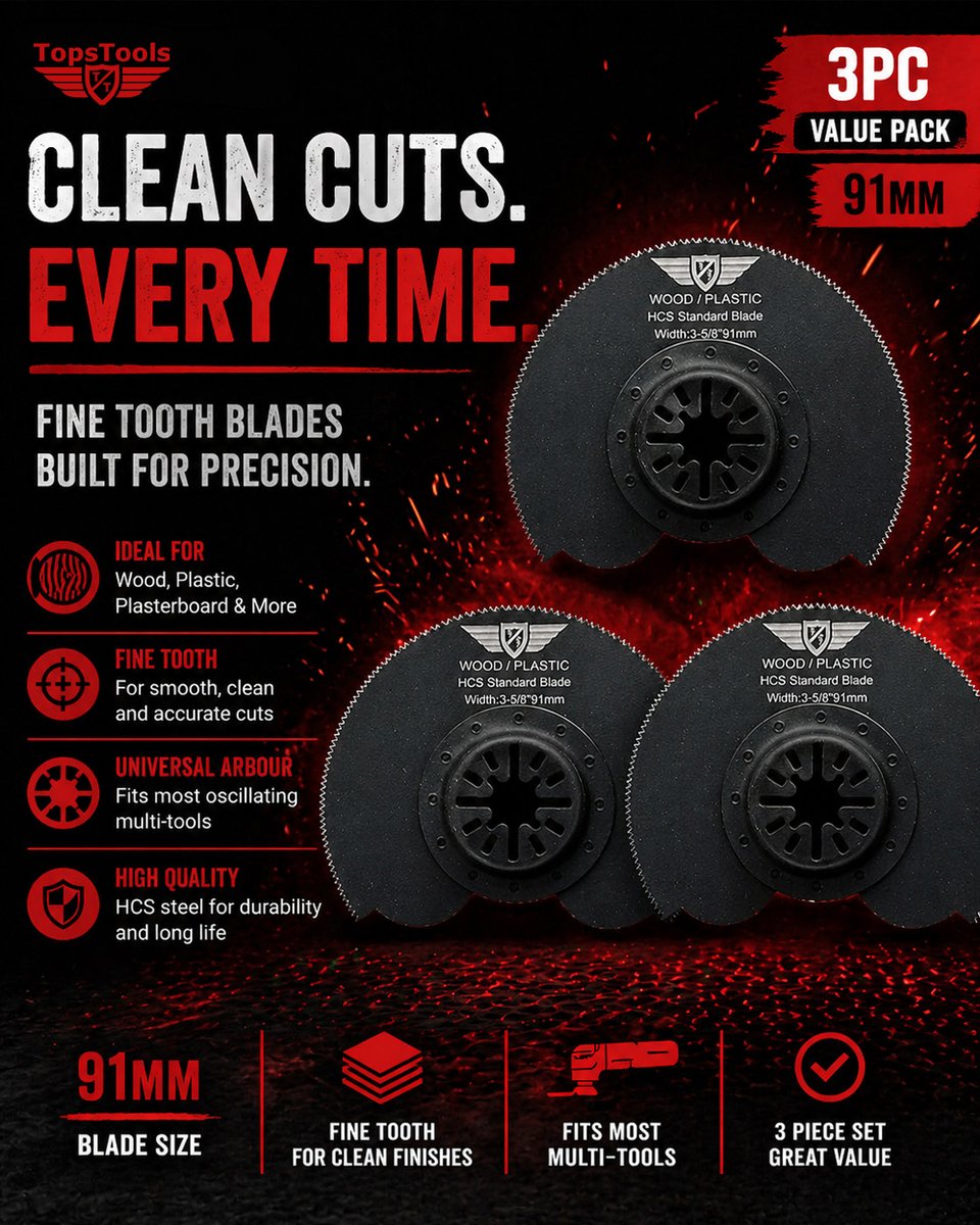 TopsTools's tweet image. Clean cuts. Every time.
91mm fine tooth blades built for smooth, accurate cuts in wood, plastic, plasterboard and more.
#Topstools #PowerTools