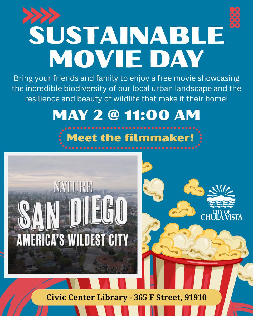 sustaincv's tweet image. 🎬🌿 Happening TOMORROW! Join us for a FREE Sustainable Movie Day celebrating local wildlife 🐦🌼 Meet the filmmaker! 📅 May 2 🕚 11:00 a.m. 📍 Civic Center Library 🎥♻️ #SustainableLiving #ChulaVistaEvents #FreeEvent #NatureLovers #FamilyFun #EcoFriendly