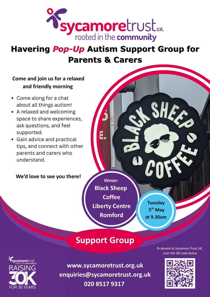 SycamoreTrustUK's tweet image. We have a pop-up support group on Tuesday 5th May at Black Sheep in Romford.  Details here - feel free to join us!
#autismawareness
#autismunderstanding