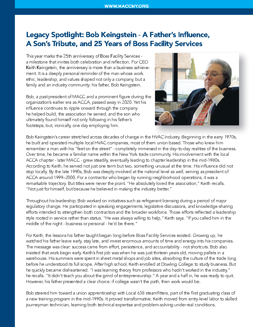 BOSSFSI's tweet photo. Celebrating 25 years of BOSS Facility Services by honoring the legacy behind it. Our CEO Keith Keingstein recently shared the story of his father, Bob—whose impact on the HVAC industry and BOSS still drives us today.

Page 20: https://t.co/ZpYDwRhNAq https://t.co/KxpTatw92Q