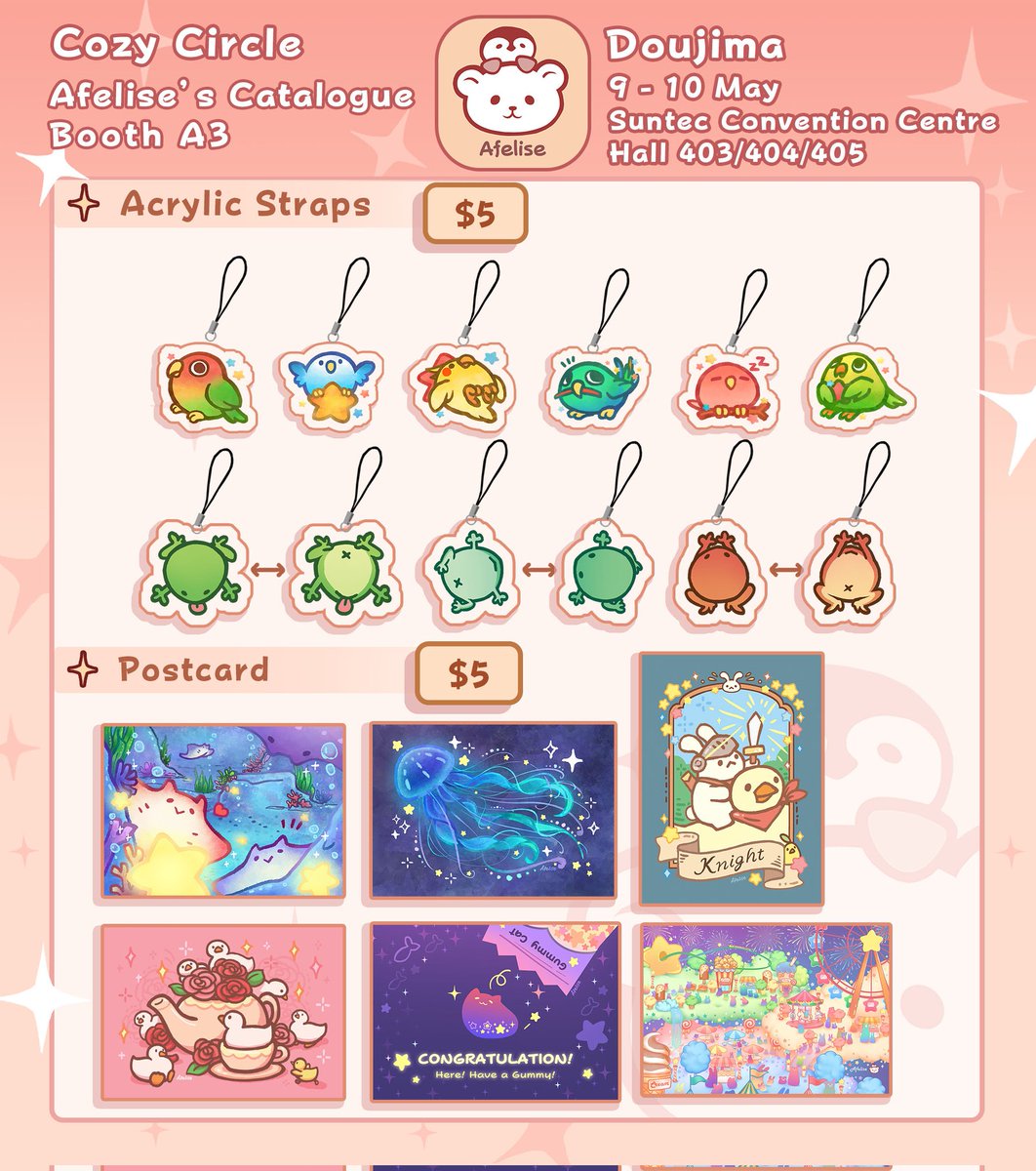 Afelise's tweet photo. Hello!
My catalogue for @doujimasg is finally up.

Will be boothing as Cozy Circle. Come find us at booth A3!

Pre-order form is up untill 6th May.
Do note that not all item is available to pre-order due to limited stock.

https://t.co/gXOyM5SaUj

Part01 https://t.co/tHkZe8tZFA