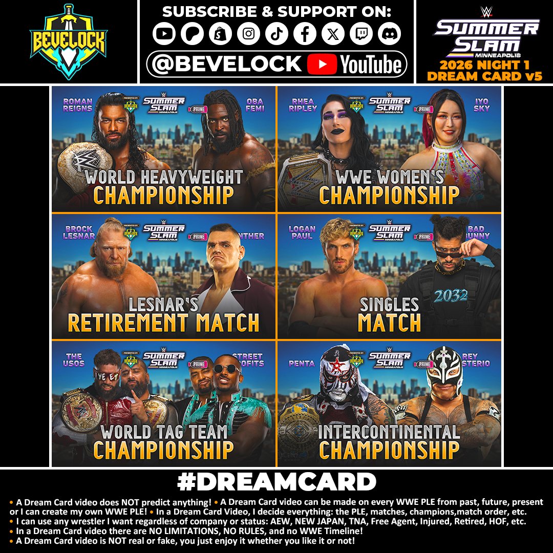 bevelock1's tweet photo. WWE SummerSlam 2026 Dream Card [v5]
Bevelock's full dream card is here!
#WWESummerSlam #SummerSlam #DreamCard #WWE #Bevelock https://t.co/qlzQaLalij