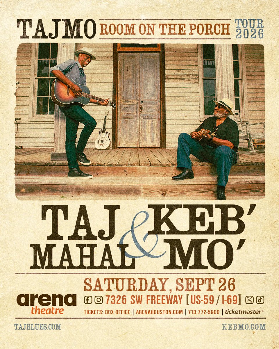 arenatheatre's tweet image. 🟢 ON SALE NOW 🟢

🎸 Taj Mahal &amp;amp; Keb’ Mo’ LIVE 🎸

@kebmomusic @tajmahalblues
Tickets are officially LIVE 🔥

🎟 bit.ly/4vX6VgM
🗓 Saturday, September 26, 2026
📞 713-772-5900

#TajMo #KebMo #TajMahal #HoustonEvents #BluesLive
