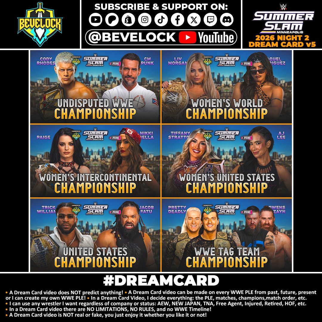 bevelock1's tweet photo. WWE SummerSlam 2026 Dream Card [v5]
Bevelock's full dream card is here!
#WWESummerSlam #SummerSlam #DreamCard #WWE #Bevelock https://t.co/qlzQaLalij