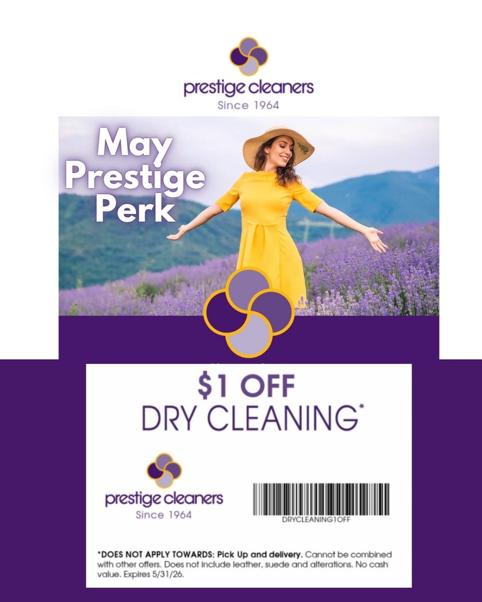 Happy May!

One piece or a whole stack—we’re not counting.
$1 off every dry cleaning item, all month.