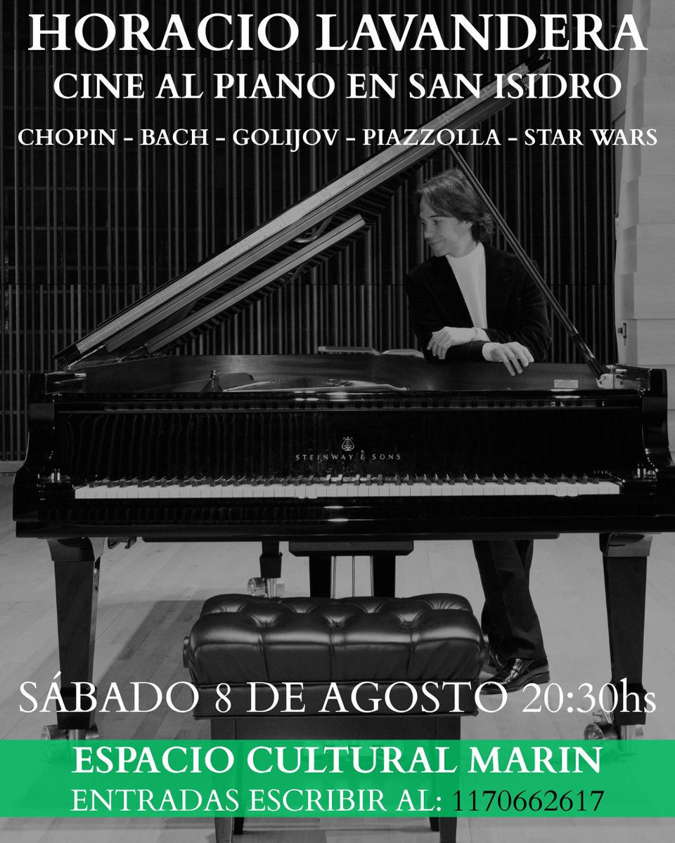 HLavandera's tweet photo. San Isidro, Colegio Marín

Sábado 8 de agosto a las 20:30

CProductora presenta:

"Cine al piano: Star Wars, Chopin, Piazzolla y más"
Concierto de Horacio Lavandera

**Info: llamar al 1170662617**

@celoriaprodu https://t.co/R0ygRZYPK3
