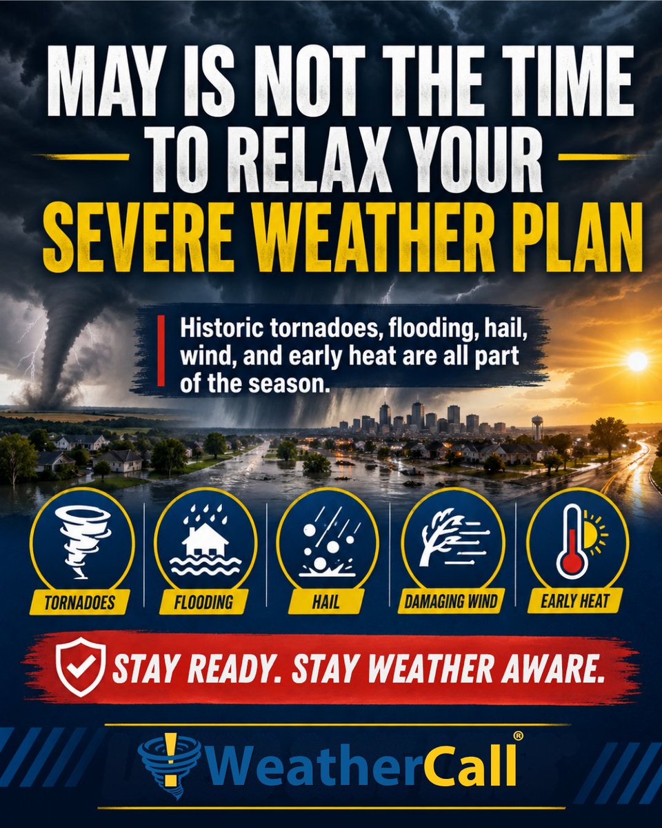 WeatherCallLLC's tweet image. May is NOT the time to relax your severe weather plan.

Tornadoes, flooding, hail, wind, and early heat are all part of the season.
Stay sharp. Review your plan. Check your alerts.

Layers Save Lives®

#SevereWeather #WeatherSafety #LayersSaveLives