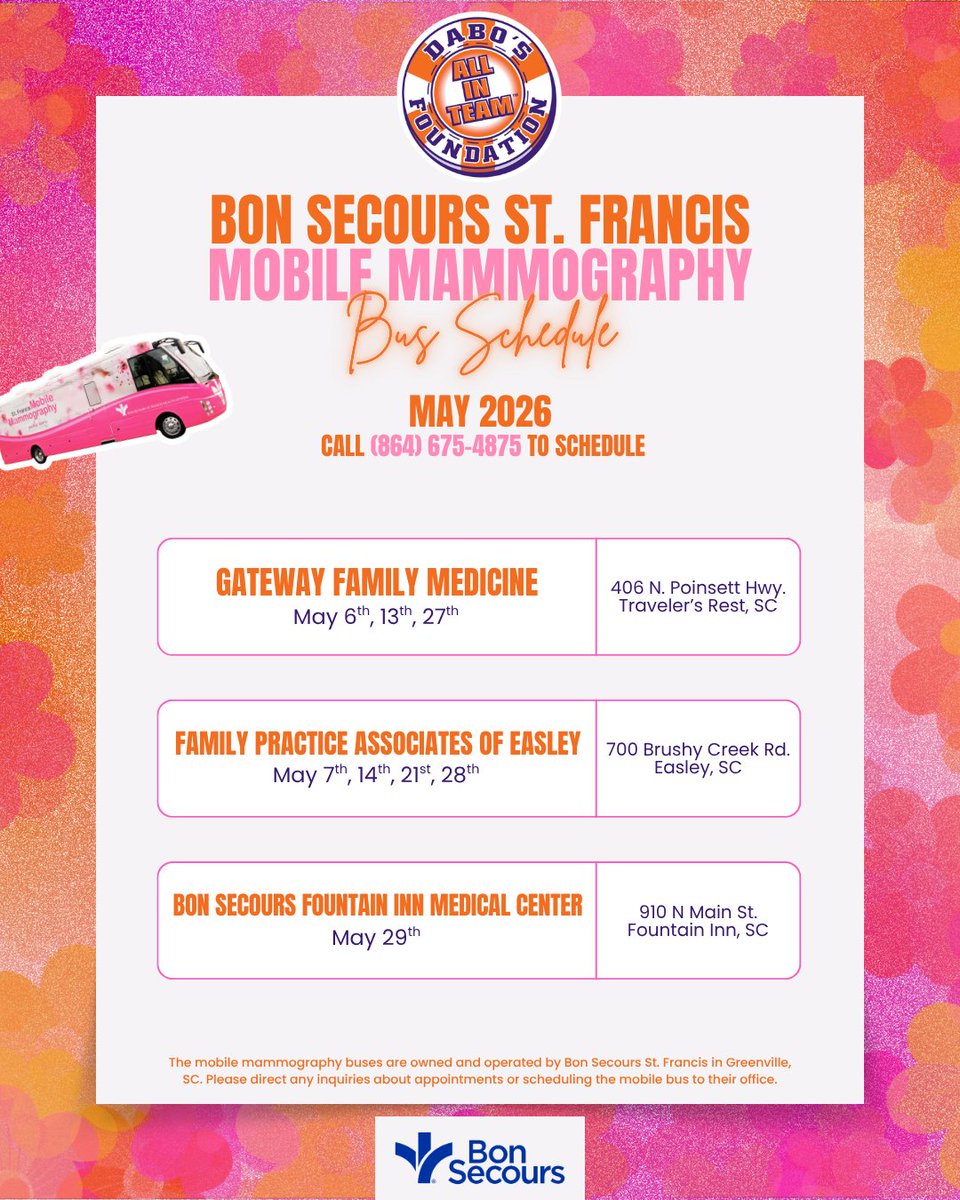 DabosALLINTeam's tweet image. Bloom into better health this May 🌷

With the Bon Secours St. Francis mobile mammography buses, breast cancer screenings are closer than ever. Find a stop near you and schedule today 🩷

#ALLIN #makingadifference