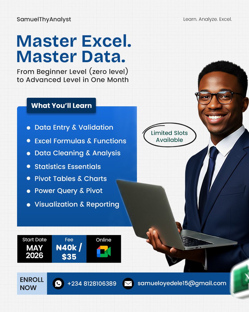 samdesign_01's tweet image. Happy New Month

Most people use Excel every day but still struggle with basic formulas, messy data, and confusing reports.

If that sounds like you, it’s time to fix it.

Excel Training (Zero → Advanced)
🗓 Starts May 2026

👉 Comment “EXCEL” or
#DataAnalytics #Excel