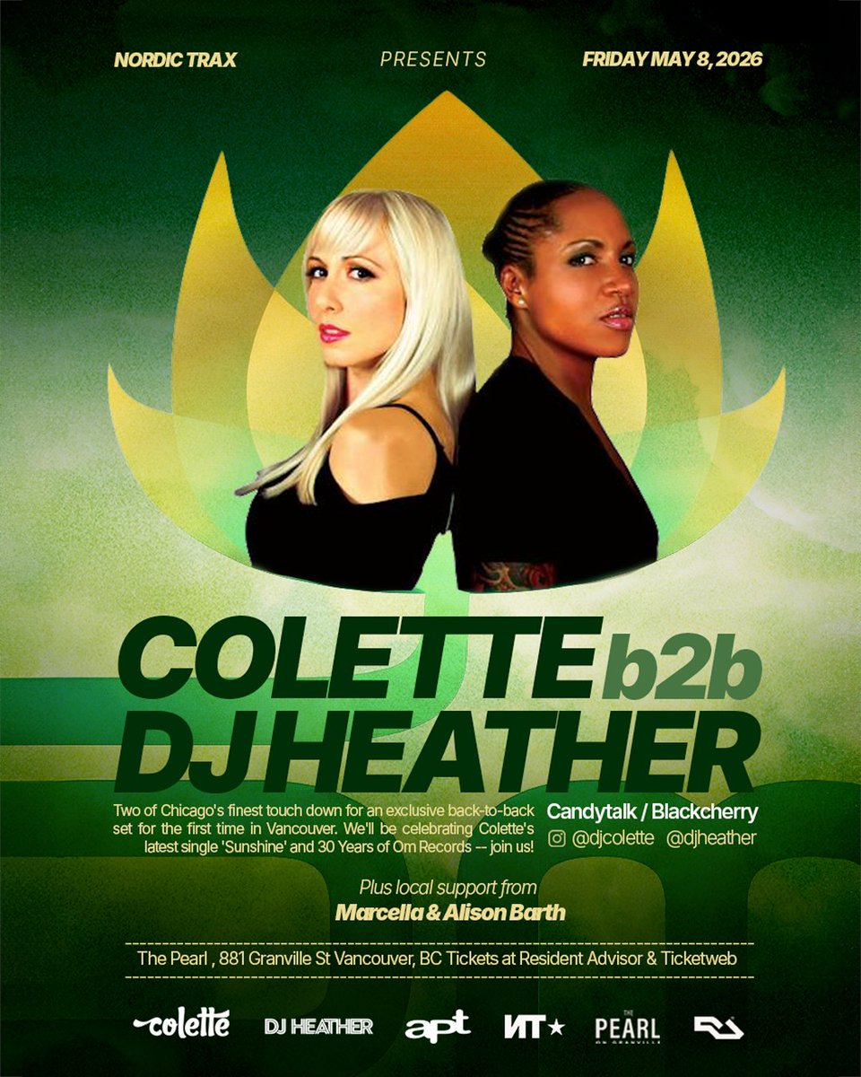 NordicTrax's tweet image. One week to go! @djcolette AND @djheather B2B Friday May 8 at @ThePearlVancity. Celebrating 30 years of Om Records. Tickets at Resident Advisor &amp;amp; Ticketweb bit.ly/CHI_b2b #Vancouver #housemusic #djs