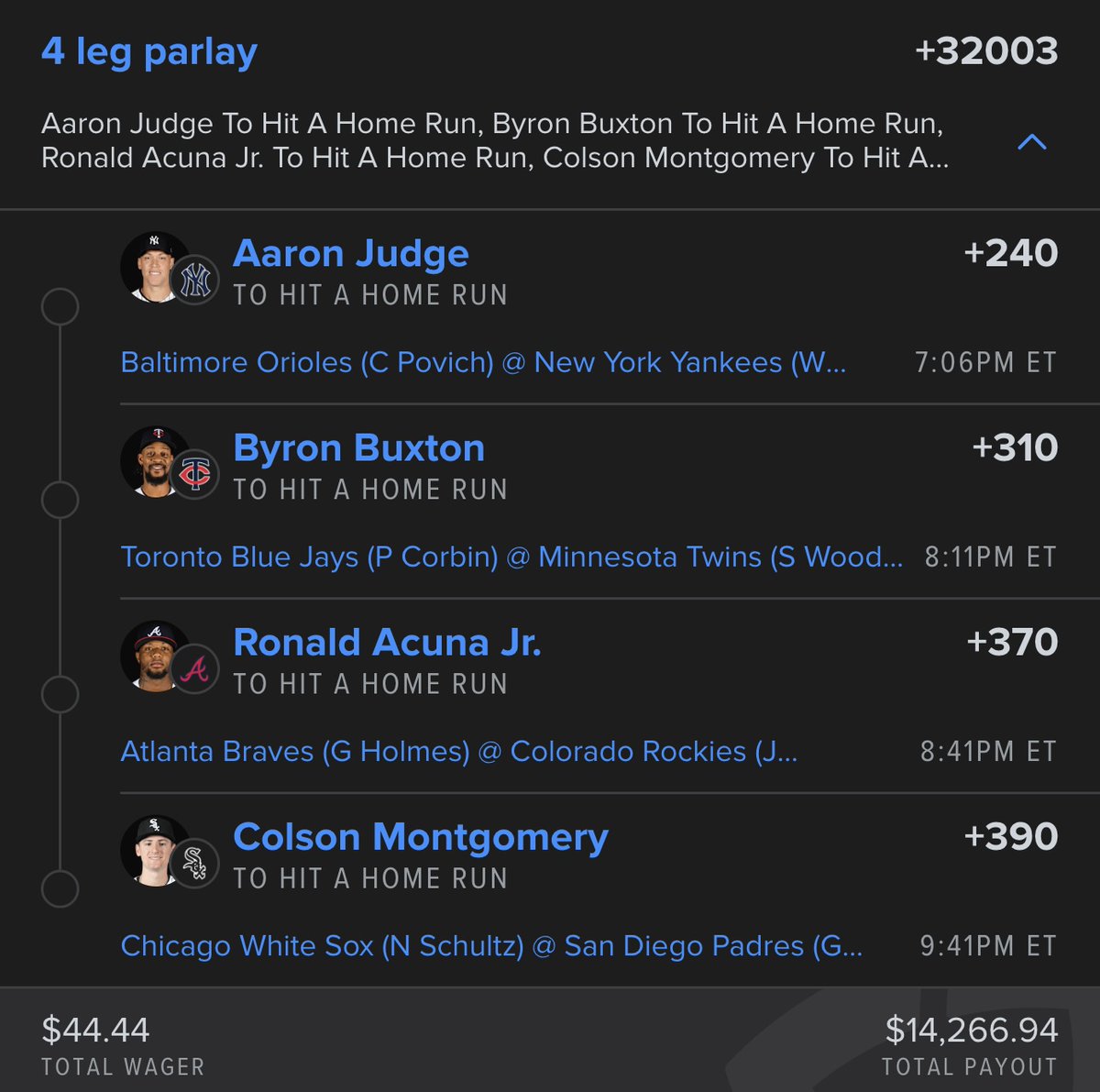 FlareGotLocks's tweet photo. FREE $44 → $14,266 HR PARLAY 👇🏽

+32003 odds. Four bombs incoming.

💣 Aaron Judge 
💣 Byron Buxton 
💣 Ronald Acuña Jr. 
💣 Colson Montgomery

Like + RT. If this cashes I'm dropping $100 to 4 of y'all tonight.

Want every play? 30 days for $9.99 👇🏽 https://t.co/vzq0LxQ62y

LFG 🚀