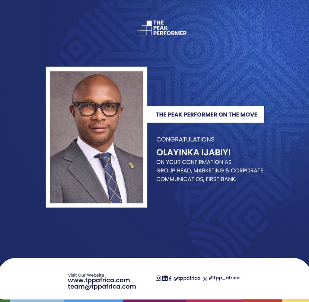 TPP_Africa's tweet image. Big moves for Olayinka Ijabiyi. 🎊🎉

It’s one thing to lead and another to be confirmed as the Group Head of Marketing &amp;amp; Corporate Communications at First Bank. 

A well-deserved win for a leader who truly understands the craft.

#congratulations #firstbank