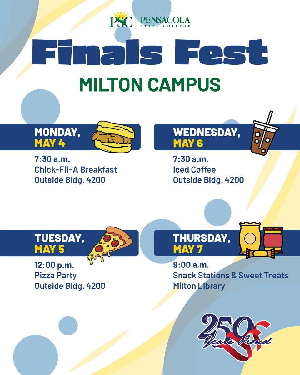 PensacolaState's tweet image. Finals got you stressed? We got you 🙂‍↕️

Pull up to Finals Fest starting Monday, May 4th, for good vibes, free brain fuel, and a much-needed study break. Because surviving finals &amp;gt; suffering through them.

👉View the flyers for more details.

#pensacolastatecollege #finalsweek