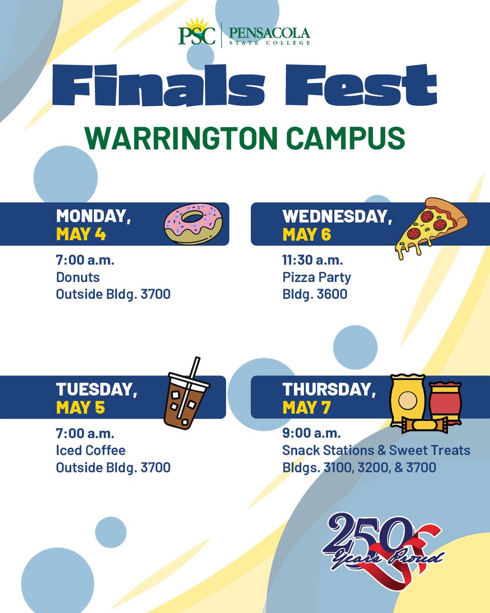 PensacolaState's tweet image. Finals got you stressed? We got you 🙂‍↕️

Pull up to Finals Fest starting Monday, May 4th, for good vibes, free brain fuel, and a much-needed study break. Because surviving finals &amp;gt; suffering through them.

👉View the flyers for more details.

#pensacolastatecollege #finalsweek