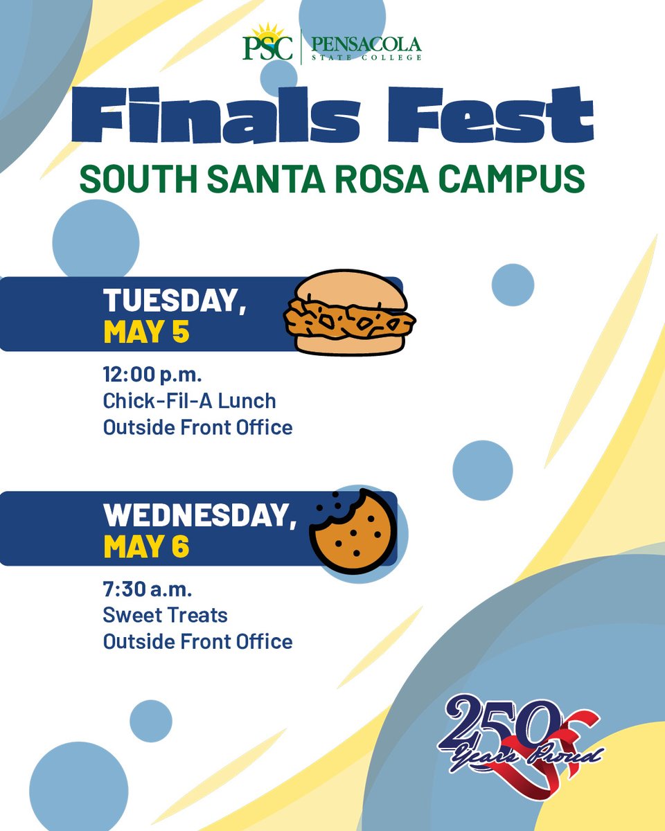 PensacolaState's tweet image. Finals got you stressed? We got you 🙂‍↕️

Pull up to Finals Fest starting Monday, May 4th, for good vibes, free brain fuel, and a much-needed study break. Because surviving finals &amp;gt; suffering through them.

👉View the flyers for more details.

#pensacolastatecollege #finalsweek