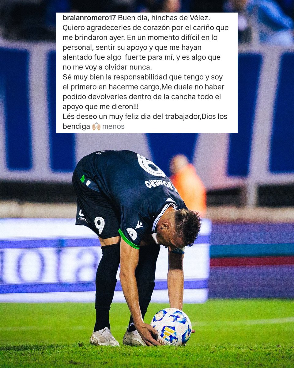 Braian Romero dejó un mensaje en su IG para el hincha de #Vélez.

El delantero no pasa por su mejor momento y agradeció el apoyo del hincha. ¡A levantarse y seguir, Braian! 💪