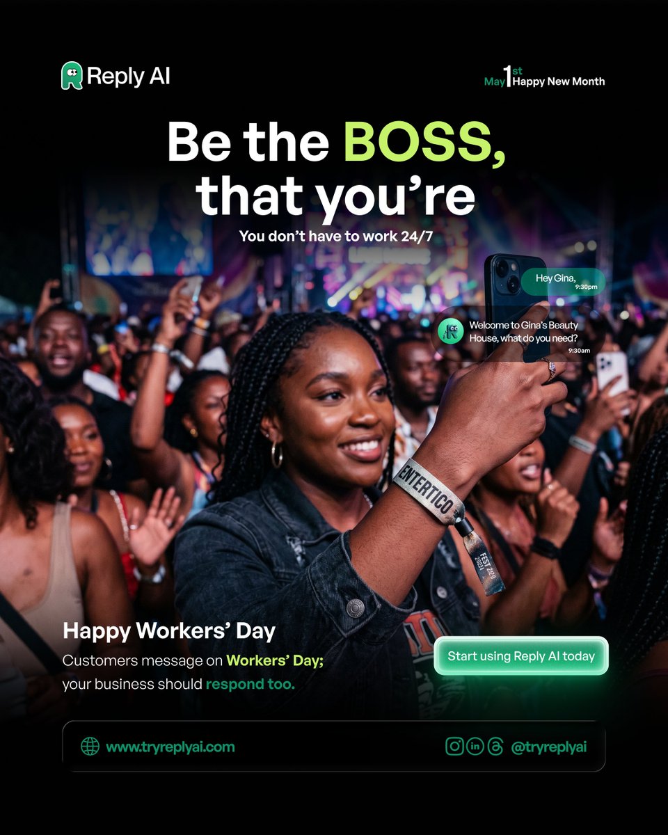 tryreplyai's tweet photo. Happy New Month, my people! 🔥🔥
May 1st don land with full energy! As we celebrate Workers’ Day, make sure say you no dey work like slave when you fit be the BOSS wey you be! You no need to dey grind 24/7 again.
#WorkersDay #HappyNewMonth #May1st #ReplyAI #NaijaBosses https://t.co/bgM4eYNCKT