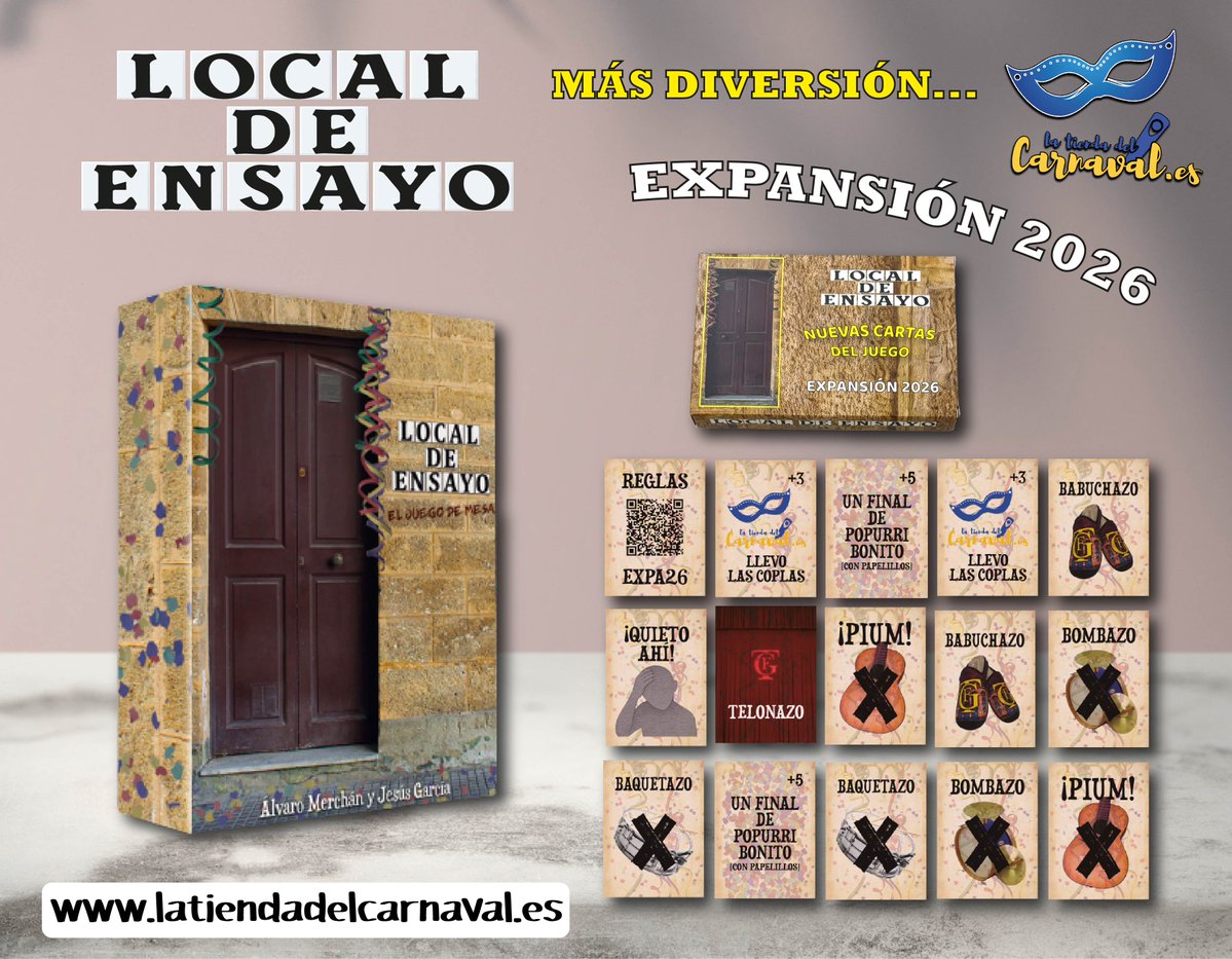 CarnavalCadizTV's tweet image. 🎭✨ ¡NOVEDAD PARA LOS AMANTES DEL CARNAVAL! ✨🎭

Llega la nueva expansión 2026 “LOCAL DE ENSAYO” 

Si ya te encanta el juego… ¡esta expansión lo hace aún mejor!

latiendadelcarnaval.es/categoria/entr…
📍 Calle Rosa 17

#latiendadelcarnaval #cadiz #carnavaldecadiz